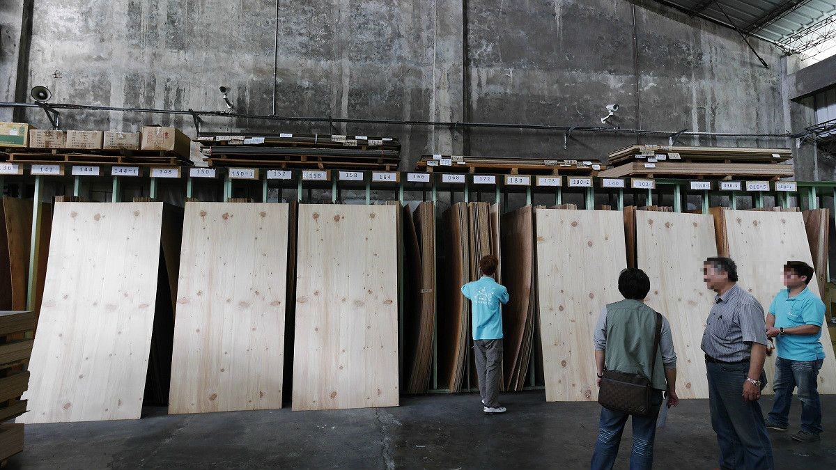 工人正在將雲杉木皮從架上移出，方便接下來挑選木皮。